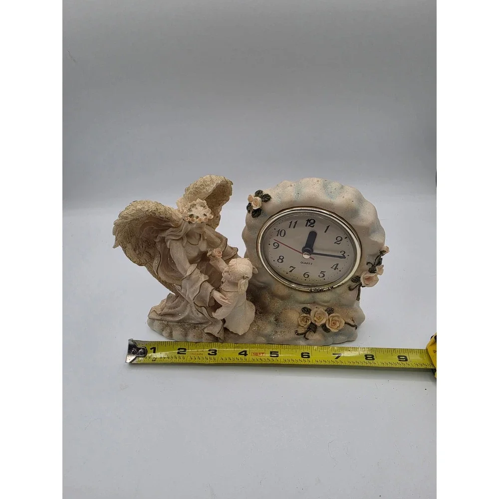 Vtg Angel Child Resin Desk Clock Cream Rose Scalloped Quartz Decor non-working